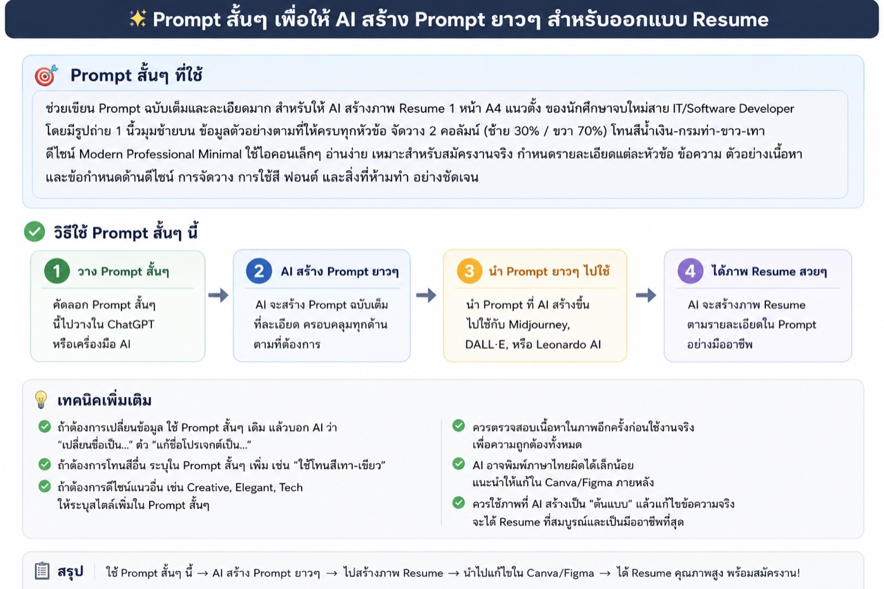 อินโฟกราฟิกอธิบาย 4 ขั้นตอนการใช้ Prompt สั้นเพื่อให้ AI เขียน Prompt สร้าง Resume