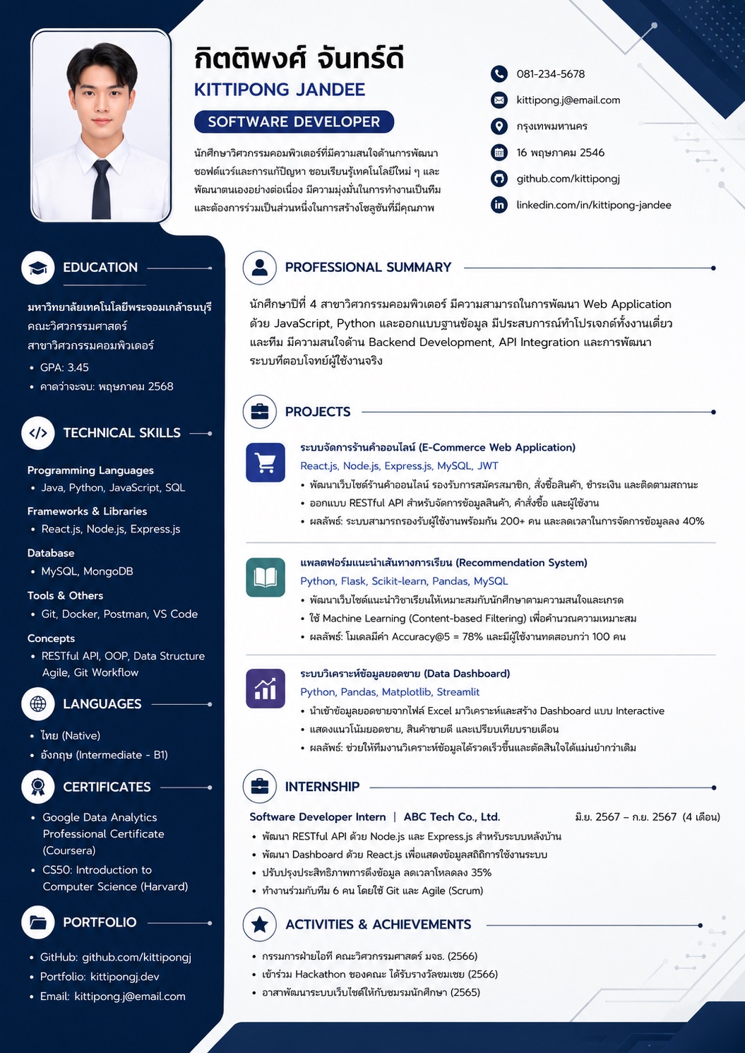 ตัวอย่าง Resume สองคอลัมน์โทนสีน้ำเงินที่สร้างด้วย AI
